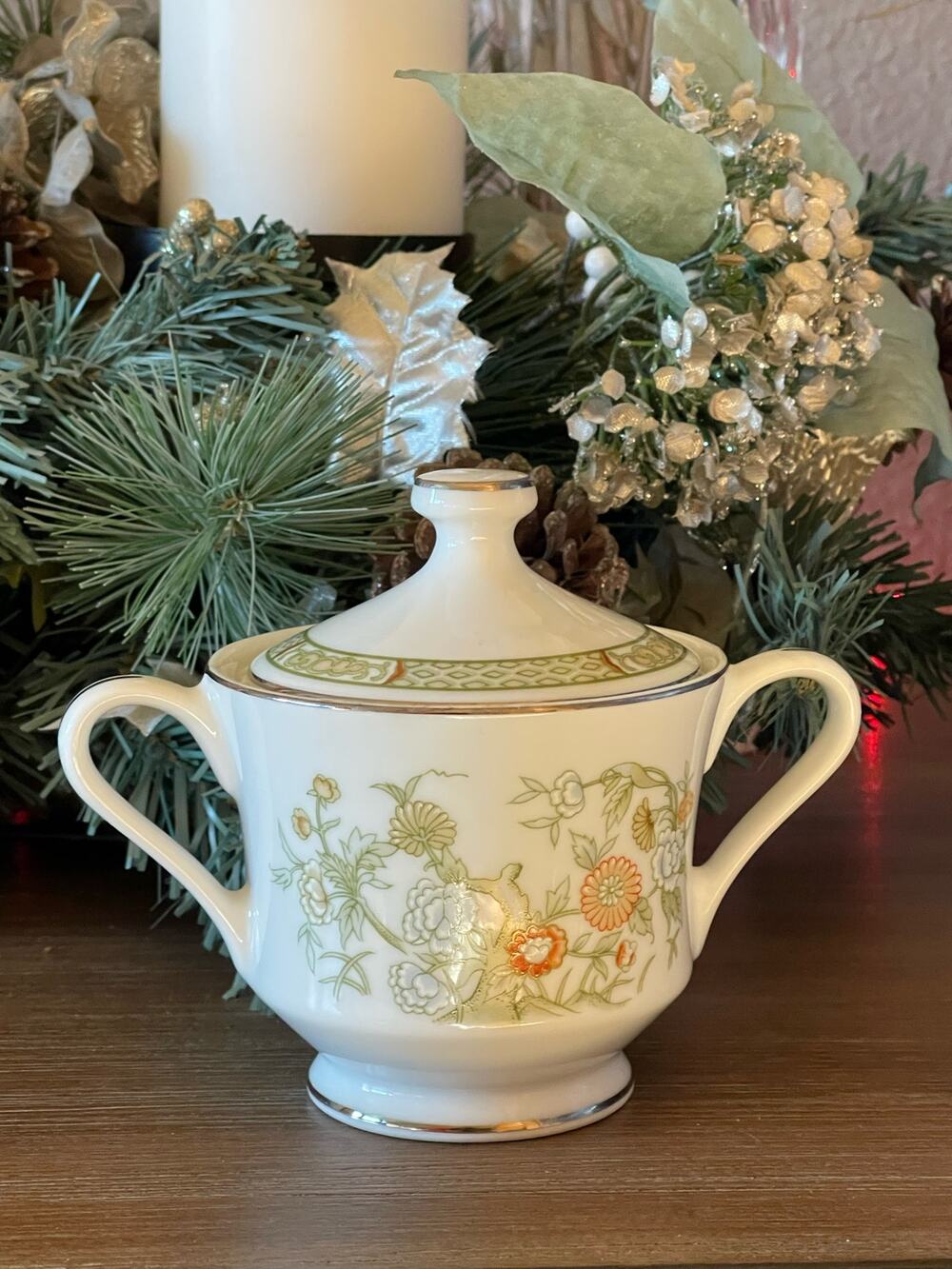 Adorable Vintage Kabuki Mikasa Sugar Bowl Green Japan Floral